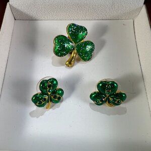 Green Enamel Shamrock Brooch & Earrings Set Gold Tone St. Patricks Day Jewelry